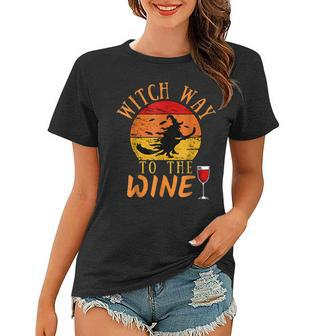 Witch Way To The Wine Funny Halloween Party Wine Witch Lover Women T-shirt - Seseable