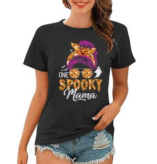 Womens One Spooky Mama Halloween Messy Bun Hair Ghosts Lover Women T-shirt - Seseable