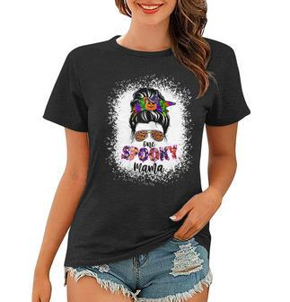 Womens One Spooky Mama Witchy Mama Halloween Messy Bun Mom Bleached Women T-shirt - Seseable