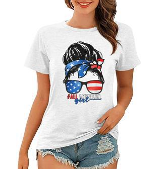All American Girl 4Th Of July Daughter Messy Bun Usa Women T-shirt - Seseable