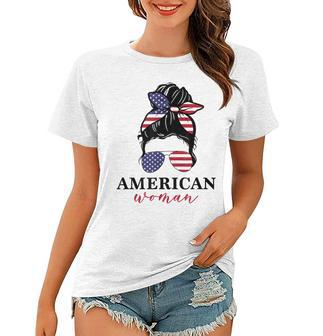 All American Girl Messy Bun Flag 4Th Of July Sunglasses Women T-shirt - Seseable
