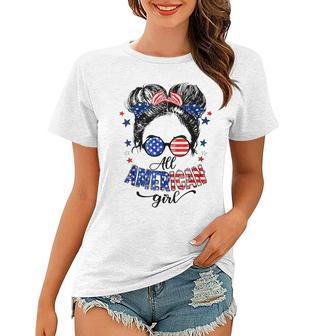 All American Girls 4Th Of July Daughter Messy Bun Usa V4 Women T-shirt - Seseable