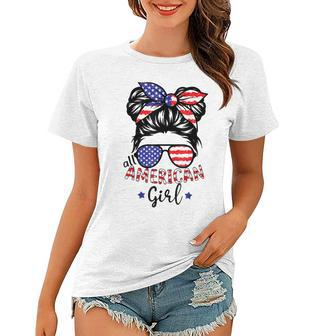 All American Girls 4Th Of July Daughter Messy Bun Usa V5 Women T-shirt - Seseable