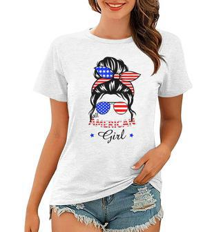 All American Girls 4Th Of July Daughter Messy Bun Usa V6 Women T-shirt - Seseable