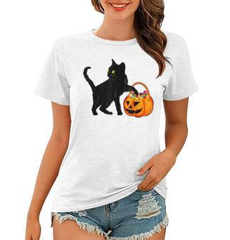 Black Cat Halloween Candy Pumpkin Bag Sweet Lollipop Funny Women T-shirt - Seseable