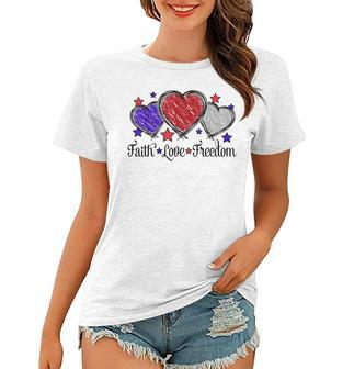 Faith Love Freedom 4Th Of July American Flag Heart Women T-shirt - Seseable