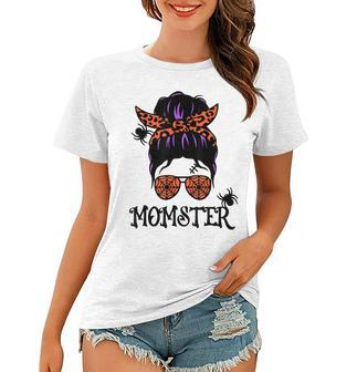 Funny Halloween Messy Bun Leopard Pumpkin Momster Women T-shirt - Seseable