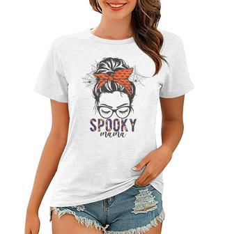 Funny Halloween Spooky Mom Messy Bun Skull Mama Costume Women T-shirt - Seseable