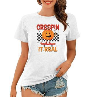 Funny Pumpkin Skateboarding Creepin It Real Halloween Women T-shirt - Seseable
