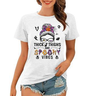 Halloween Messy Bun Thick Thighs And Spooky Vibes Women T-shirt - Seseable