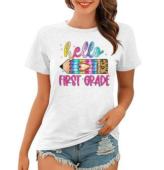 Hello First Grade Leopard Tie Dye Pencil Cute Teacher Women T-shirt - Thegiftio UK