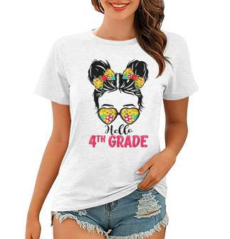 Hello Fourth Grade Messy Bun Girls 4Th Grade Back To School Women T-shirt - Seseable