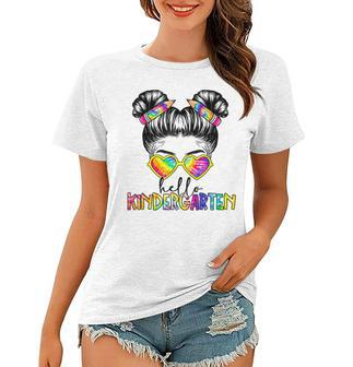 Hello Kindergarten Messy Bun Back To School Kid Girl Tie Dye Women T-shirt - Seseable