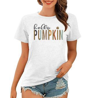 Leopard Pumpkin Hello Pumpkin Graphic Fall Halloween Costume Women T-shirt - Seseable