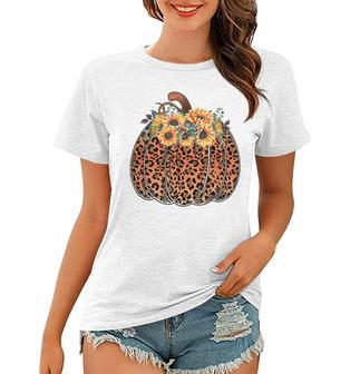 Leopard Pumpkin Womens Halloween Sunflowers Thanksgiving Women T-shirt - Seseable