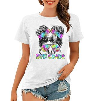 Messy Bun Hair Tie Dye Rainbow Kids Girls Hello Third Grade V2 Women T-shirt - Seseable