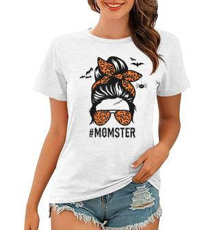 Mom Messy Bun Halloween Leopard Womens Momster Funny Spooky Women T-shirt - Seseable