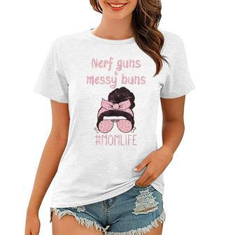 Nerf Guns And Messy Buns Funny Momlife Leopard Print Women T-shirt - Thegiftio UK