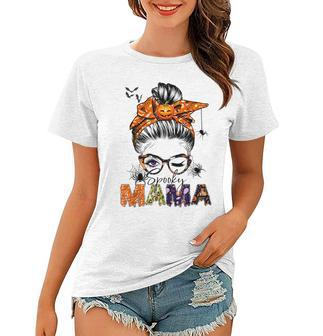 One Spooky Mama For Halloween Messy Bun Mom Monster Bleached V2 Women T-shirt - Seseable