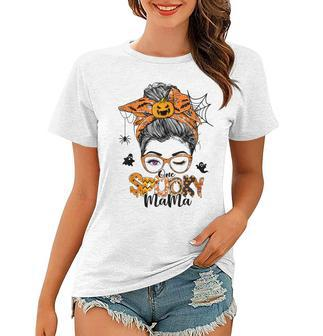 One Spooky Mama For Halloween Messy Bun Mom Monster Bleached V3 Women T-shirt - Seseable