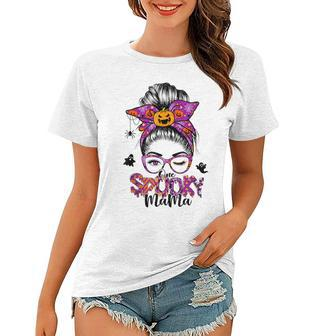 One Spooky Mama For Halloween Messy Bun Mom Monster Bleached V6 Women T-shirt - Seseable