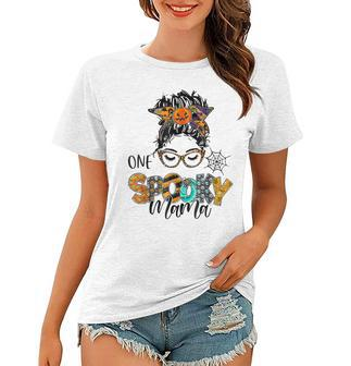 One Spooky Mama For Halloween Messy Bun Mom Monster Bleached Women T-shirt - Seseable