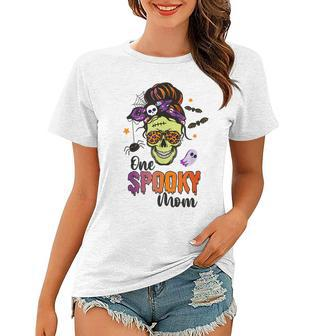 One Spooky Mama Mom Halloween Skull Messy Hair Bun Mother Women T-shirt - Seseable
