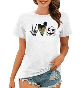 Peace Love Pumpkin Leopard Heart Halloween Women T-shirt - Seseable