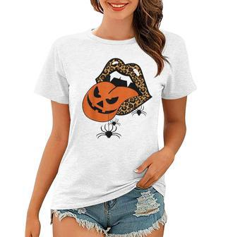 Pumpkin Tongue Out Vampire Leopard Lips Spider Halloween Women T-shirt - Seseable