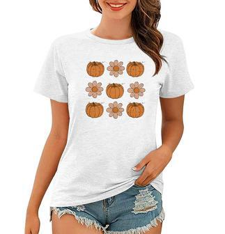Pumpkins With Flowers Autumn Fall Season Women T-shirt - Seseable