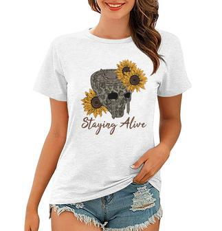 Skeleton And Plants Staying Alive Flower Design Women T-shirt - Seseable