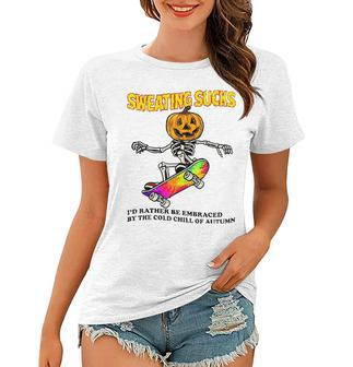 Skeleton Pumpkin Sweating Sucks Sweat Halloween Sakebording Women T-shirt - Seseable