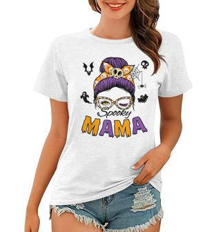 Skull Messy Bun Halloween Spooky Mama Mom Halloween Women T-shirt - Seseable