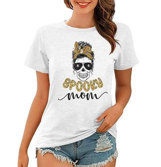 Skull Spooky Mom Messy Bun Mama Spider Halloween Zombie Women T-shirt - Seseable