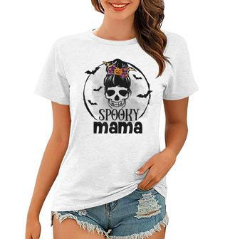 Spooky Mama Funny Halloween Mom Messy Bun Spooky Vibes Women T-shirt - Seseable