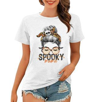 Spooky Mama Halloween Costume Skull Mom Leopard Messy Bun Women T-shirt - Seseable