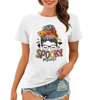 Spooky Mama Messy Bun Skull Mom Monster Bleached Halloween V2 Women T-shirt - Seseable