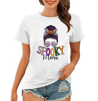 Spooky Mama Messy Bun Skull Mom Monster Bleached Halloween Women T-shirt - Seseable