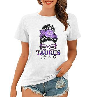 Taurus Girl Birthday Messy Bun Hair Purple Floral Women T-shirt - Seseable