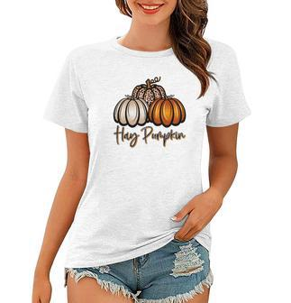 Three Pumpkins Hay Pumpkin Fall Women T-shirt - Seseable