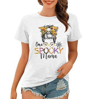 Womens One Spooky Mama Messy Bun Funny Mom Halloween Spider Costume Women T-shirt - Seseable