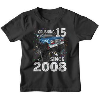 15 Crushing It Since 2008 Monster Truck 15Th Birthday Boys Youth T-shirt - Thegiftio UK