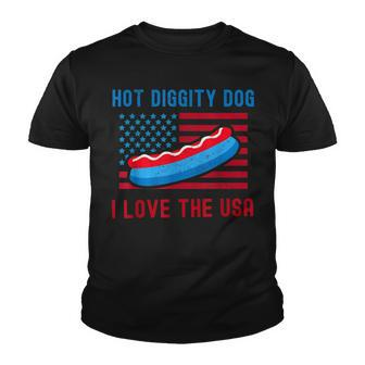 4Th Of July Hot Diggity Dog I Love The Usa Funny Hot Dog Youth T-shirt - Seseable