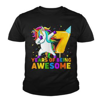 7 Years Old Unicorn Dabbing 7Th Birthday Unicorn Party Youth T-shirt - Seseable
