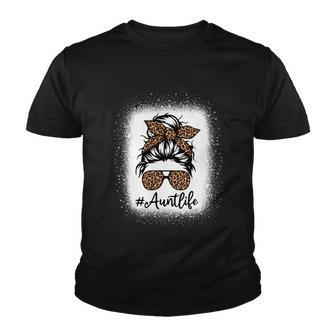 Best Aunt Life Messy Bun Leopard Bleached Auntie Mothers Day Great Gift Youth T-shirt - Monsterry DE