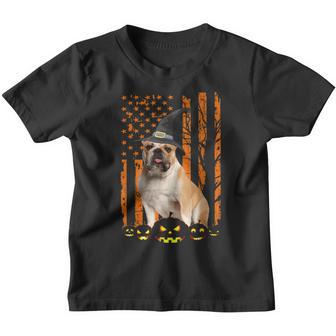 Bulldog Dog Pumpkin American Flag Vintage Halloween Witch Youth T-shirt - Thegiftio UK