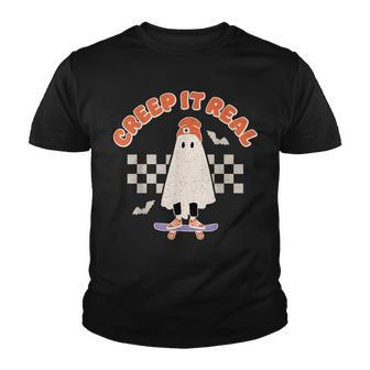 Creep It Real Ghost Skateboard Halloween Bat Checkered Sk8r Youth T-shirt - Thegiftio UK