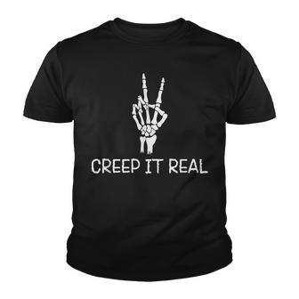 Creep It Real Peace Sign Skeleton Hand Funny Bones Halloween Youth T-shirt - Seseable