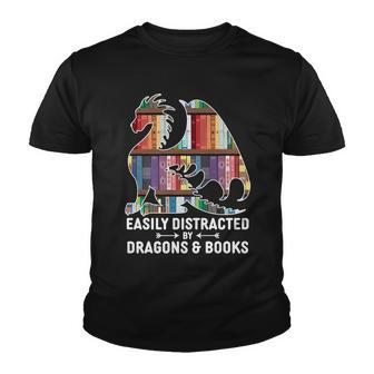 Easily Distracted By Dragons And Books Fantasy Book Lover Youth T-shirt - Monsterry DE