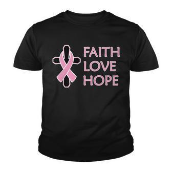 Faith Love Hope Breast Cancer Ribbon Cross Youth T-shirt - Monsterry
